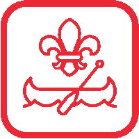 A lighter, brighter red square icon with a cartoon-style canoe, with teh fleur-de-lis suspended above it, signifying the Rover Scout section