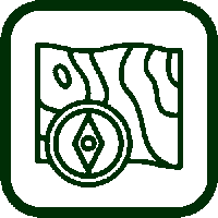 A dark green square icon with a cartoon-style map with a compass the Scout section